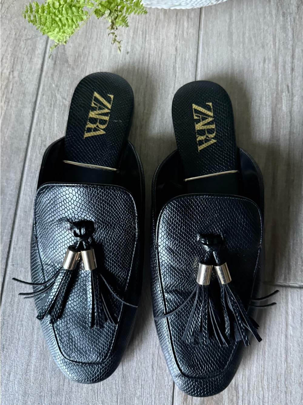 ZARA Black Tassel Loafer Mules with Gold Accents